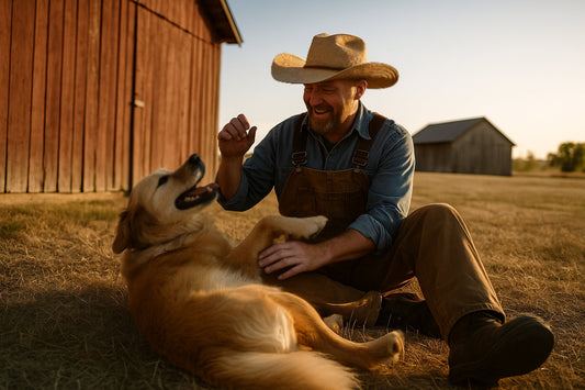 Cowboy in front of his barn playing with his Golden Retriever , The dog looks healthy and happy implying that Petibles Probiotics are working for him. 