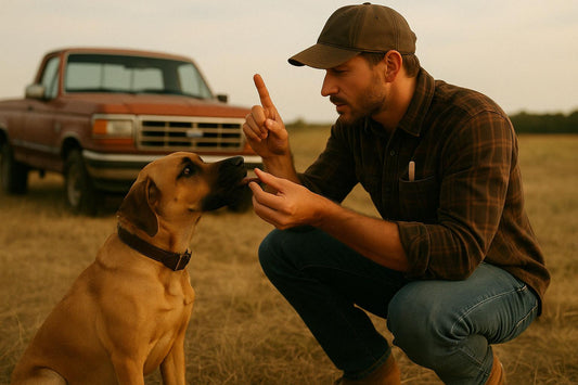 Cowboy with a baseball cap and a pickup truck out in a field, training his dog with Petibles supplements. 